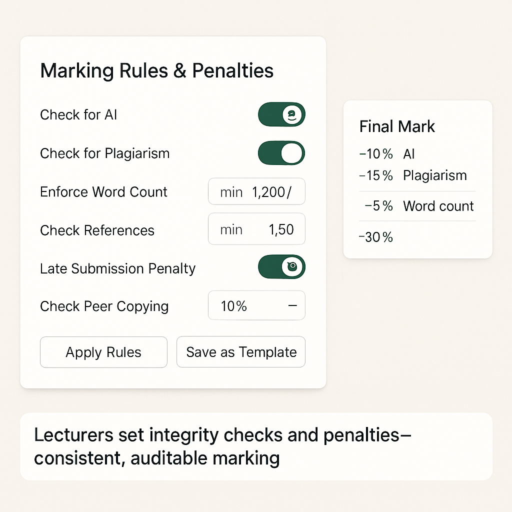 An AI marking interface showing flags for plagiarism and AI use on a student's essay.