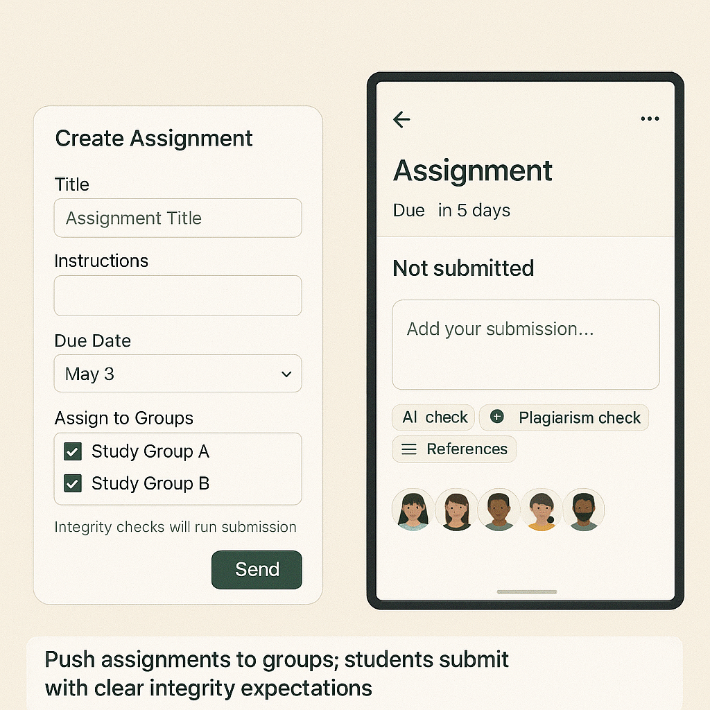 An educator creating an assignment on a laptop, with an interface showing marking rules and student lists.